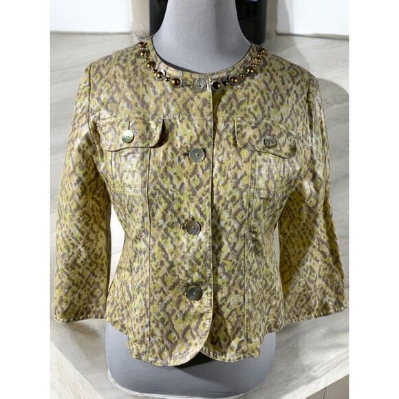 Ruby Rd Petite Tan Animal Print Quarter Sleeve Embellished Linen Blend Top 10P - Picture 7 of 7